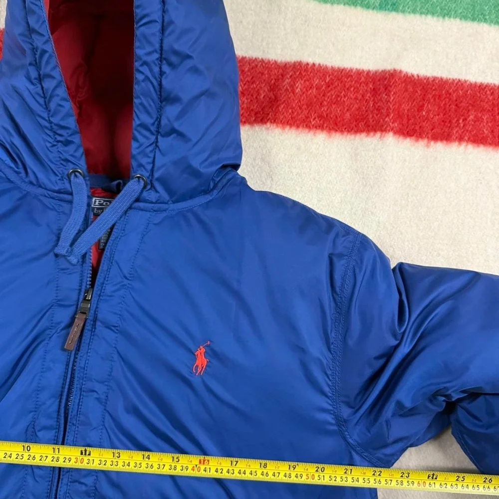 Vintage Polo Ralph Lauren Mens Blue Down Puffer Bomber Jacket Hooded Large